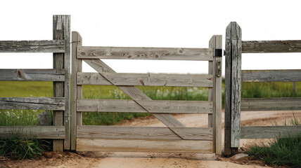 Wooden farm fence picket gate, isolated on a white background, showcasing a rustic and classic design.