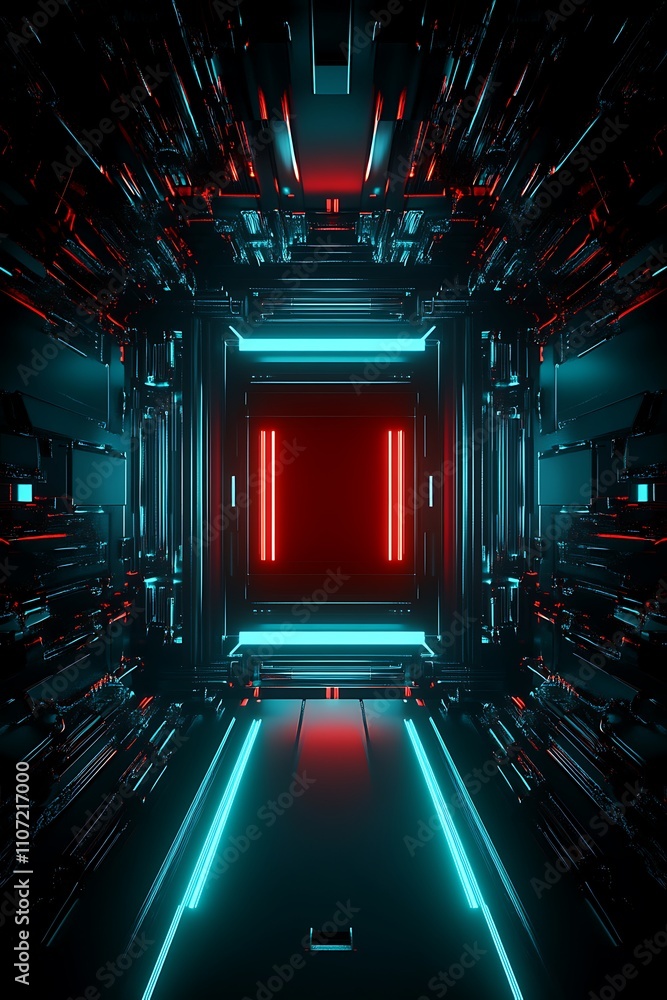 Poster futuristic corridor with neon lights and digital patterns in a cyberpunk style environment
