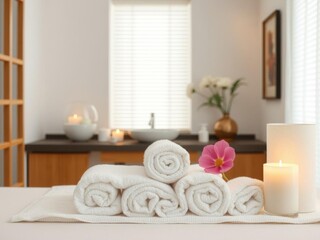 Pile of neatly rolled white towels on wooden table in spa salon setting, stacked, beauty