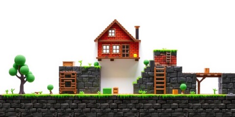platformer game elements, level builder elements, tree, brick house, board game design, white backdrop, backdrop, elements