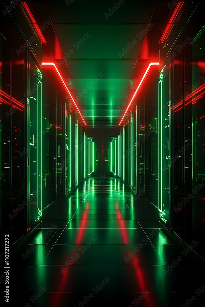 Aufkleber futuristic corridor with red and green neon lights in a high-tech environment for abstract backgroun