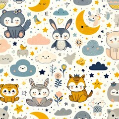 Obraz premium Seamless pattern with cute animals moons stars and clouds.