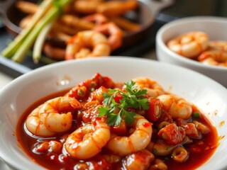 Prawn stir fried with red sauce served on a Chinese food background, dish, cooking background