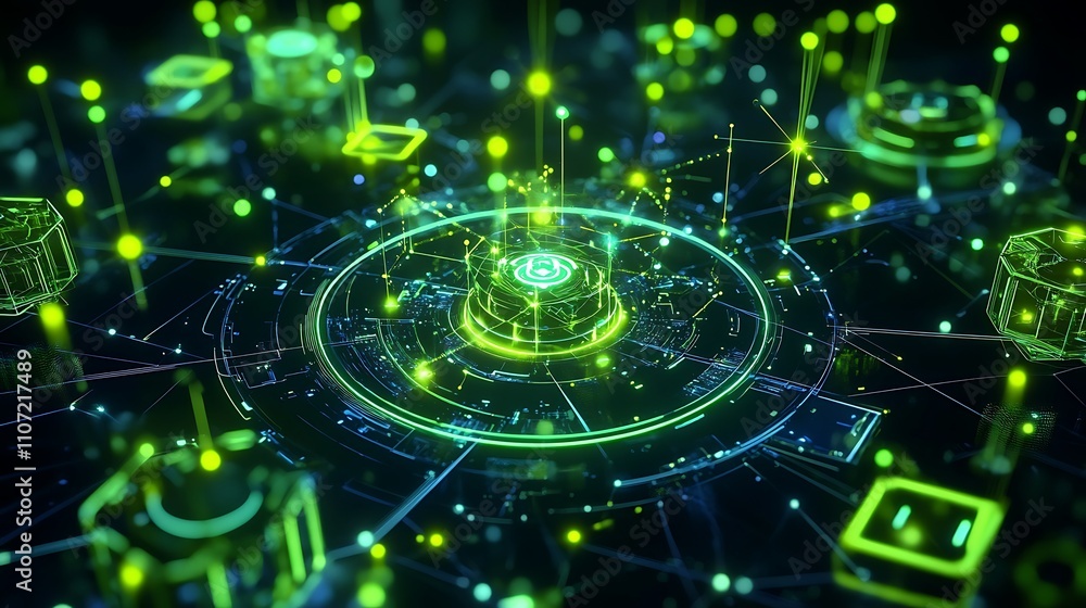 Poster futuristic cyber network with flowing data visualization and bright neon elements on a dark backgrou