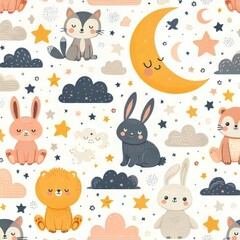 Seamless pattern with cute animals moons stars and clouds.