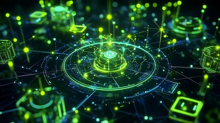 Futuristic Cyber Network with Flowing Data Visualization and Bright Neon Elements on a Dark Background