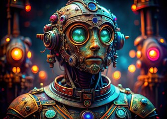 Fototapeta premium Vibrant Handcrafted Robot Gazing Ahead, Symbolizing Innovation and the Exciting Future of Artificial Intelligence and Modern Technologies in Macro Photography