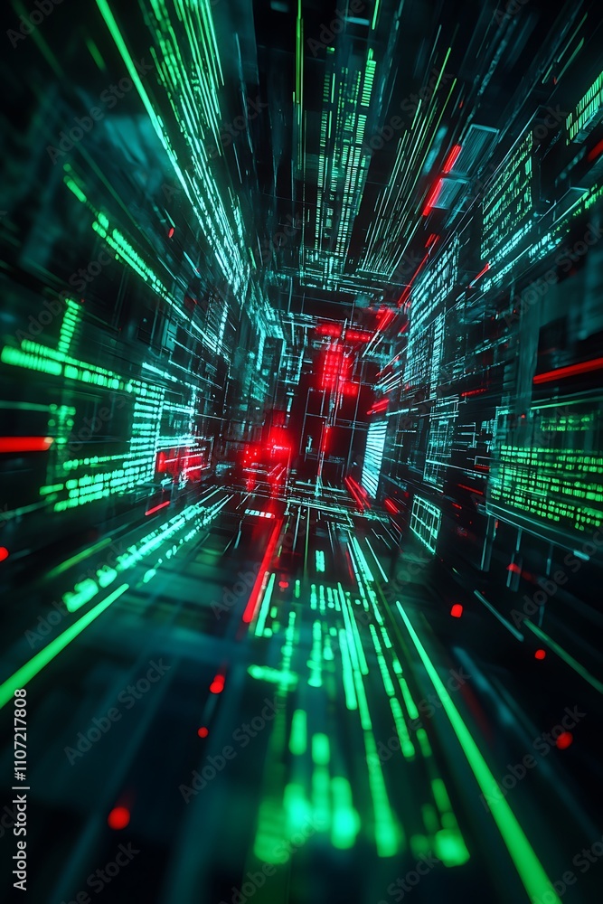 Poster futuristic data stream with neon green and red lights in a digital environment