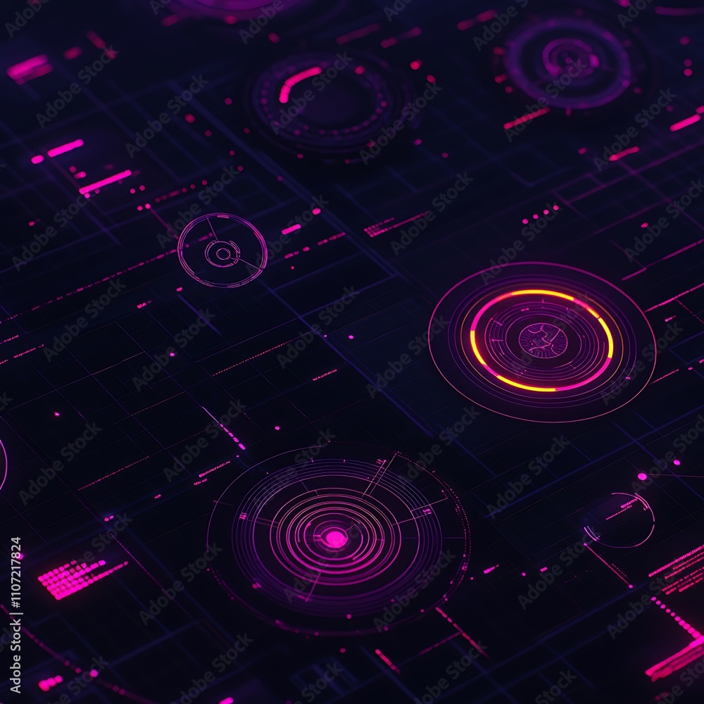 Poster futuristic digital abstract background with geometric shapes and vibrant neon circles and lines