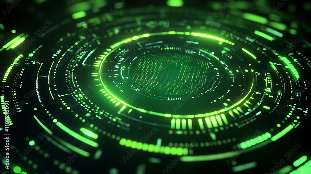 Poster futuristic digital background with green circles and data streams for technology and innovation them