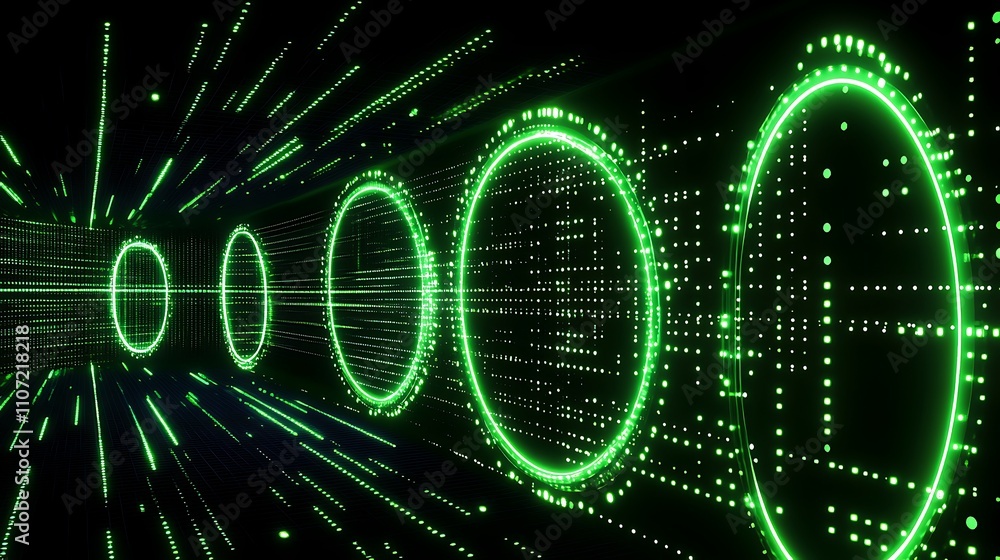 Poster futuristic digital background with green circular patterns and streamlined data flow animation effec