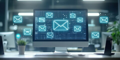 Fototapeta premium AI-Powered Email Inbox: A futuristic office email inbox displayed on a computer screen, with AI icons suggesting smart features like auto-replies, message categorization, and prioritization. 