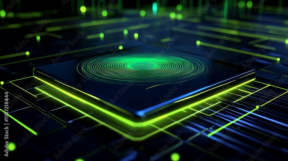 Poster futuristic digital circuitry with green light patterns and technology interface on dark background