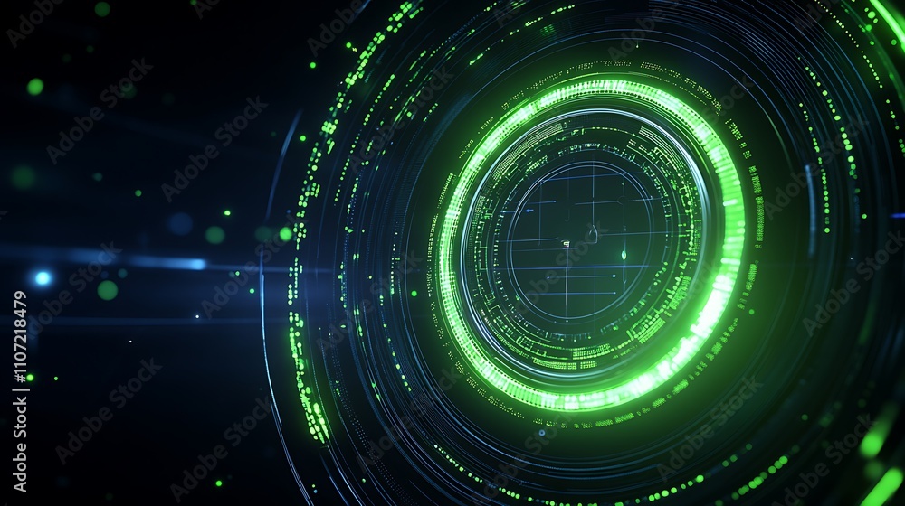 Poster futuristic digital circular interface with green lines and particles in a dark background