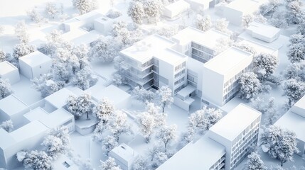 Bird's-eye view of modern residential building blocks with snow covered street and trees. 3D render