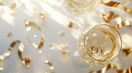 New Year's Eve champagne glasses filled with bright festive holiday lights