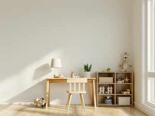 A minimalist children s room with a wooden desk. chair. bookshelf. and toys against a white wall with natural sunlight