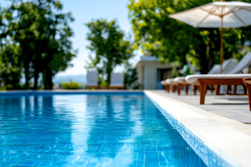 Fototapeta premium A tranquil poolside scene with clear blue water, surrounded by lush greenery and sun loungers, perfect for relaxation.