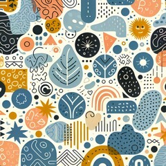 Cute doodle pattern background with abstract shapes and dots.