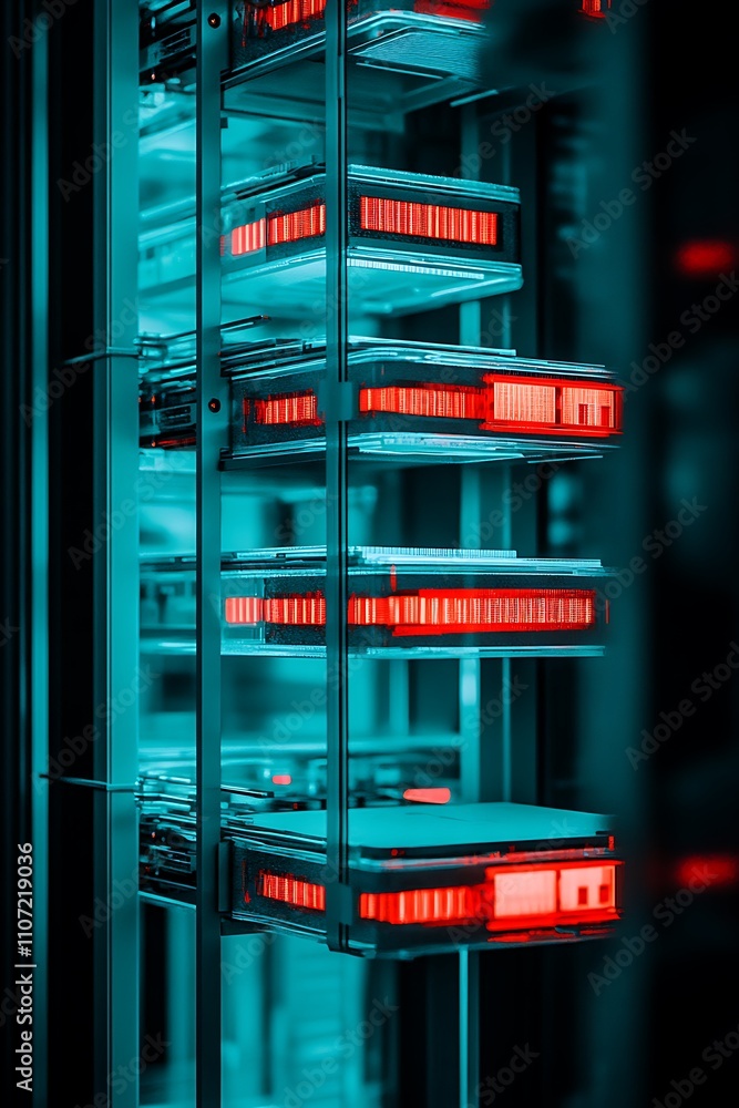 Poster futuristic digital data storage system with neon red lights in a technological environment