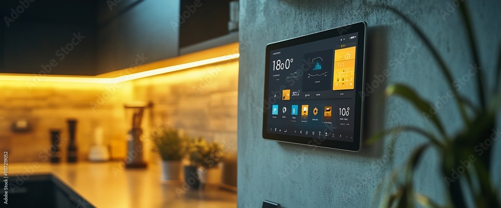 Poster A smart home control panel displaying various settings and information.