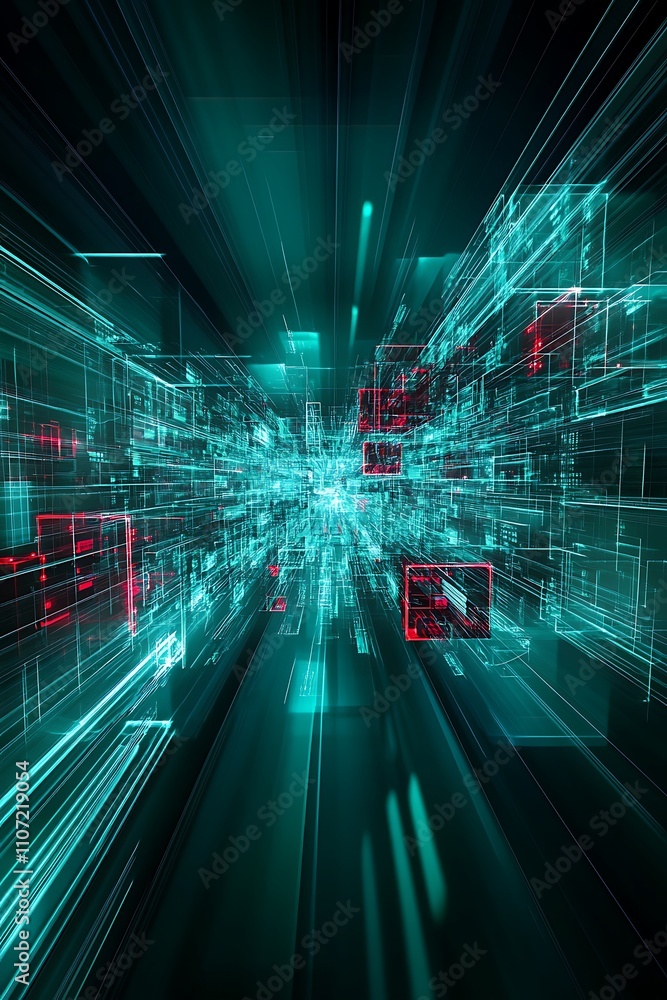 Poster futuristic digital data flow in a high-tech environment with vivid colors and energetic lines of lig