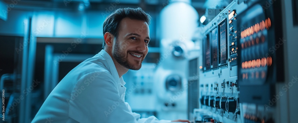 Poster A smiling scientist working at a control panel in a laboratory.