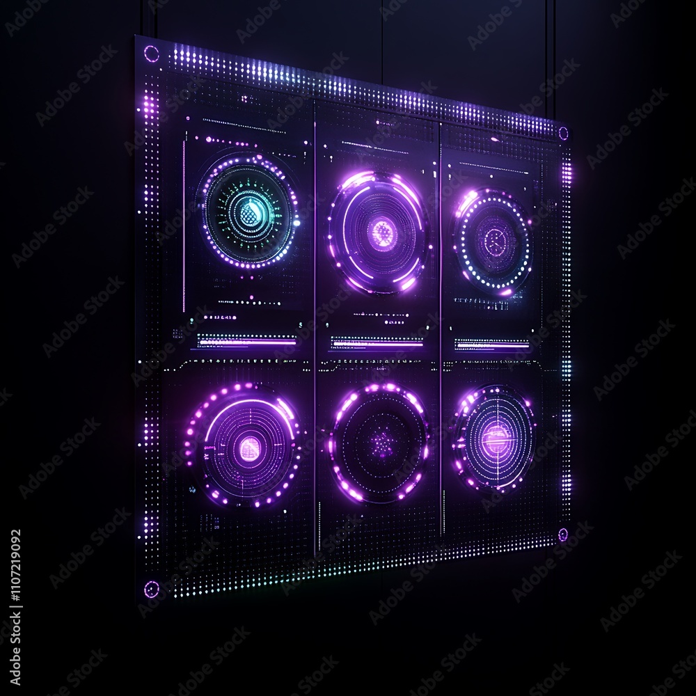 Poster futuristic digital display with colorful circular elements and neon light effects on dark background