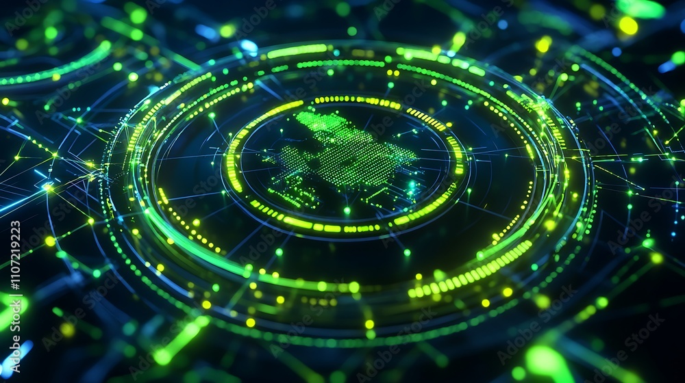 Poster futuristic digital globe with green lights and geometric patterns in a technology background