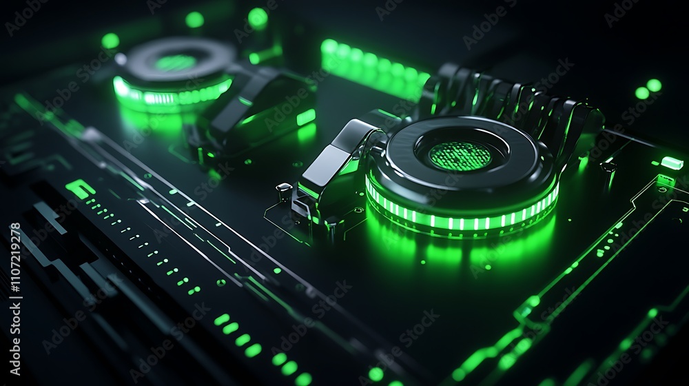 Poster futuristic digital interface design with neon green highlights and high-tech elements in dark backgr