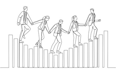One line drawing of employees holding hands and walking on bar graph from downtrend to uptrend following manager, leadership in solving problems and bringing success back concept, single line art