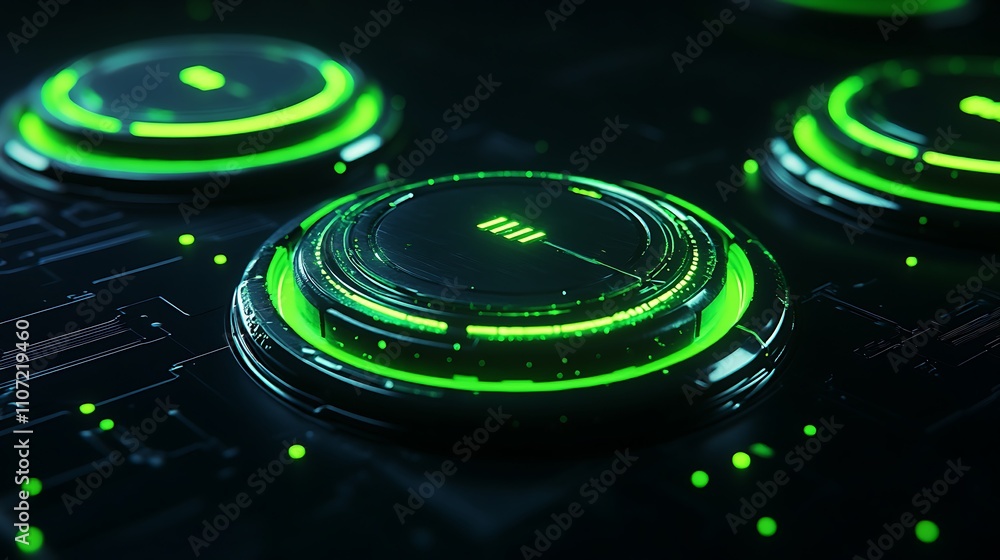 Poster futuristic digital interface with glowing green elements and high-tech circuits