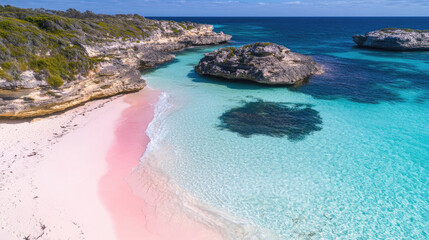 Breathtaking aerial view of a serene beach with pink sand and turquoise waters in a tropical paradise.