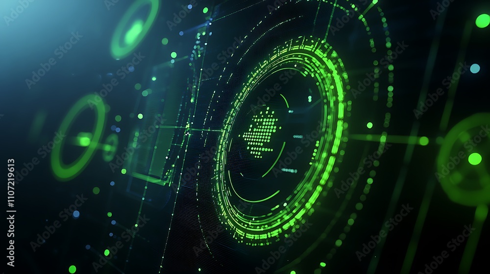 Poster futuristic digital interface with green elements and data visualization for technology concepts