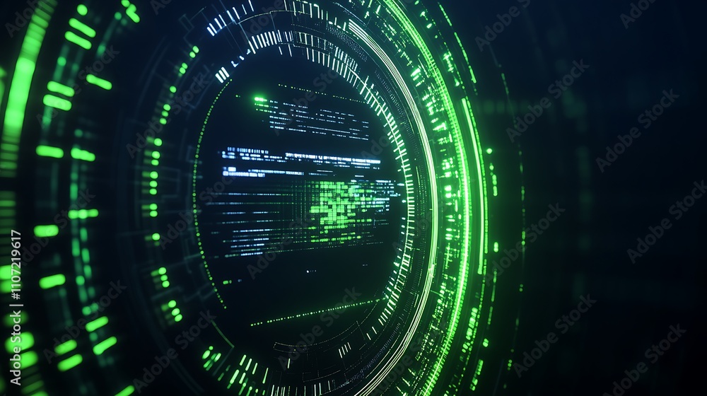 Poster futuristic digital interface with green elements and data visualization in high-tech style