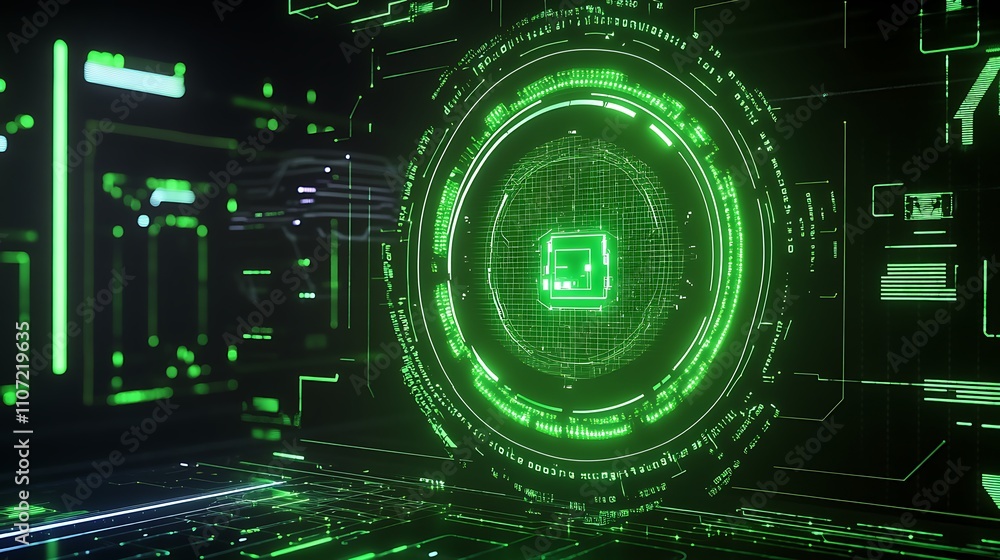 Poster futuristic digital interface with green glowing circuit design and data visualization elements in te