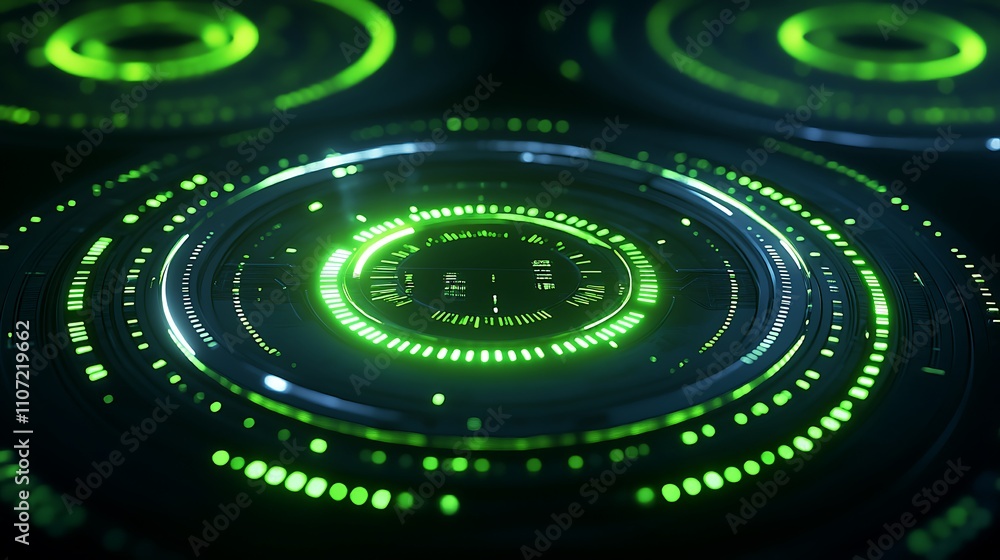 Poster futuristic digital interface with green lights and circular patterns for technology background desig