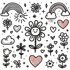 Cute child hand-drawn doodle lines childish element set