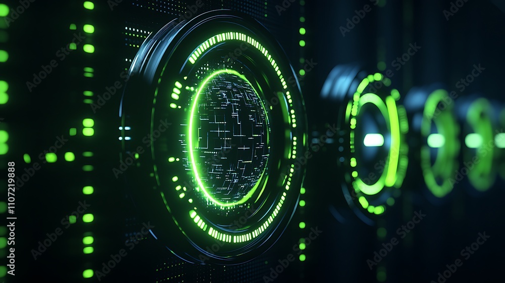 Poster futuristic digital interface with neon green circles and circuit patterns in a technology environmen