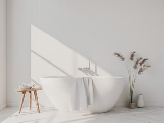 A white bathtub with a towel on the side. a wooden stool with towels on it. and a vase with dried flowers against a white wall with a window