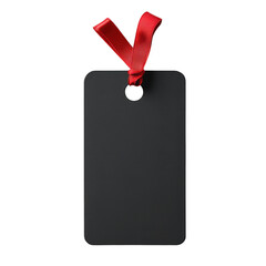 Top view of a modern and flat black price card with red ribbon isolated on a cutout PNG transparent background