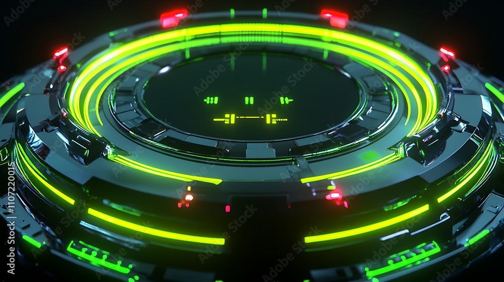 Poster futuristic digital interface with neon lights and circular shape for music and technology concepts
