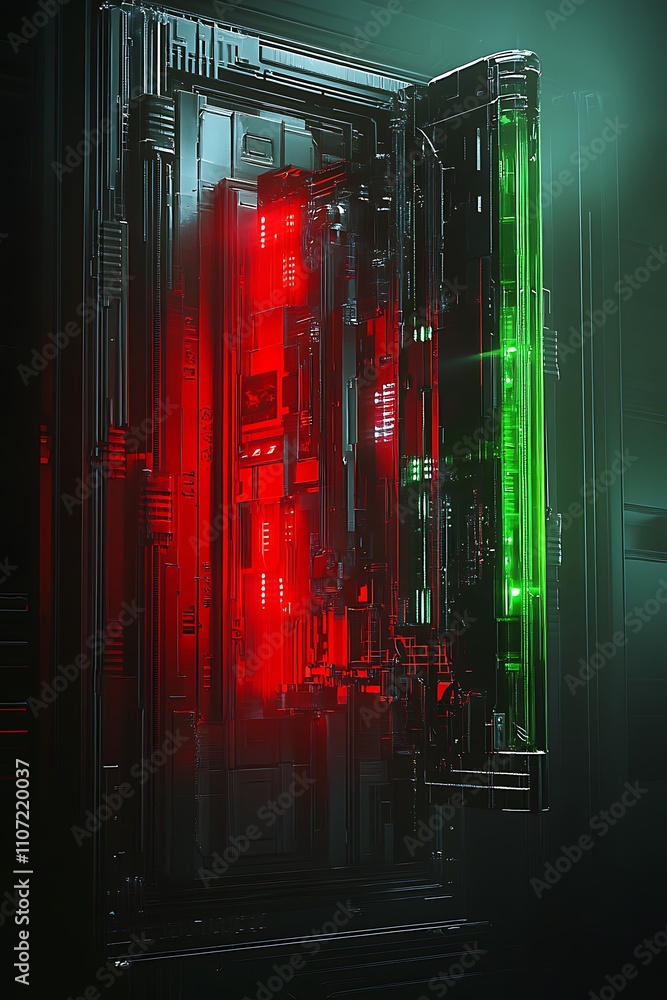 Poster futuristic digital interface with red and green lights in a sci-fi environment enhanced with neon gl
