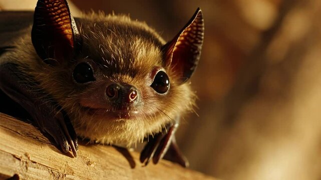 Close-up view of a small bat resting on a wooden surface in a natural habitat during twilight hours