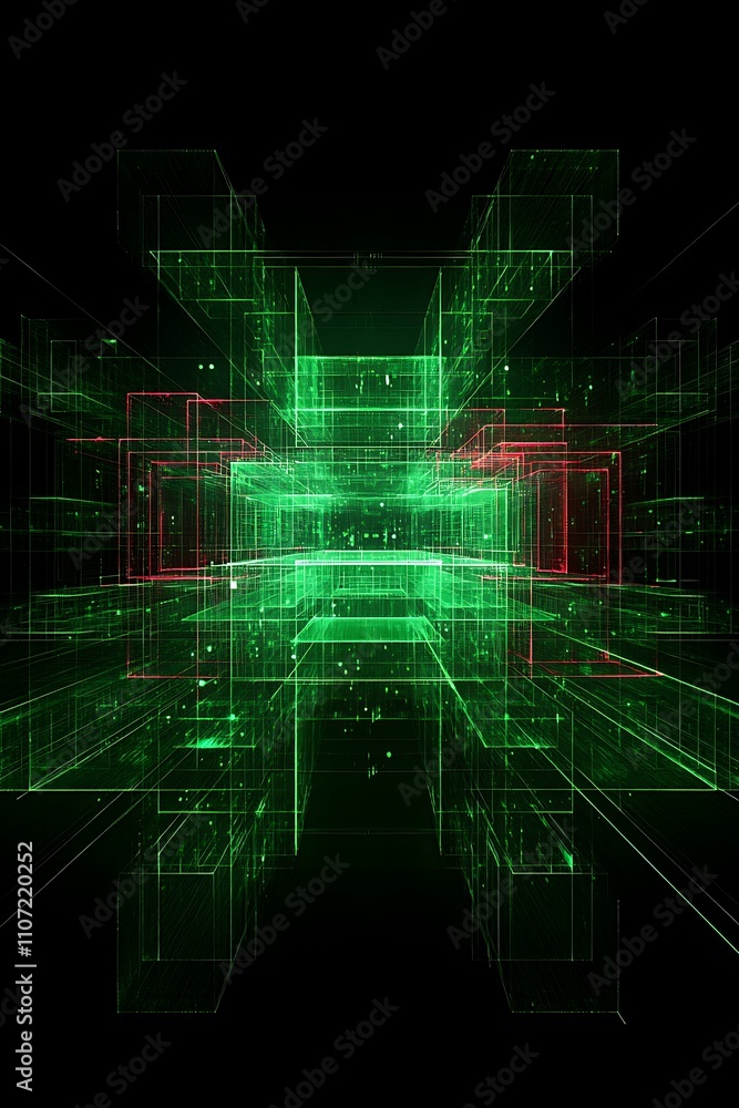 Poster futuristic digital network in dynamic green and red color scheme with abstract geometric shapes in b