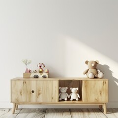 A light wooden cabinet with two teddy bears and other toys on top and two teddy bears in the cabinet