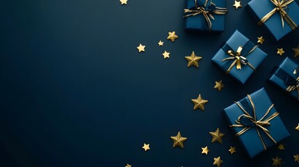 Dark blue background with gifts and golden stars. Christmas or birthday present on a dark blue color banner for a greeting card, poster design, or social media post template