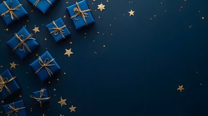 Dark blue background with gifts and golden stars. Christmas or birthday present on a dark blue color banner for a greeting card, poster design, or social media post template