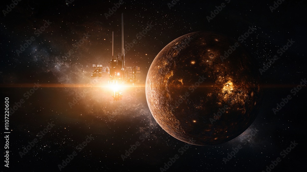 Poster digital art of spacecraft exploration in a futuristic cosmic environment and interstellar journey