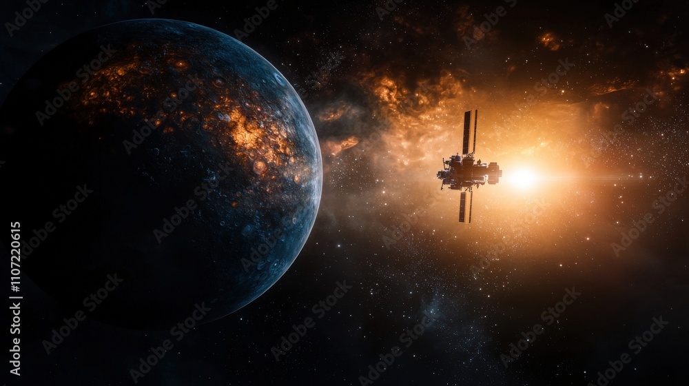 Poster spacecraft approaching unknown planet outer space digital art cosmic environment wide shot explorati
